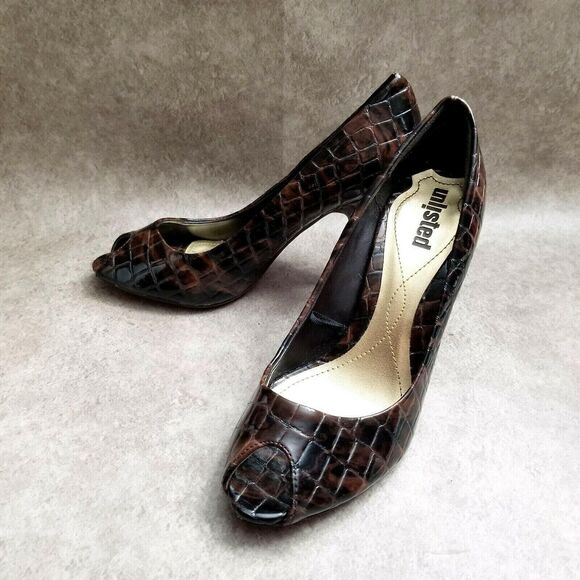 Unlisted Womens Stylish 76154 Size 6 Brown Peep Toe Croc Pattern 3.5" Heels Pump - Picture 6 of 9